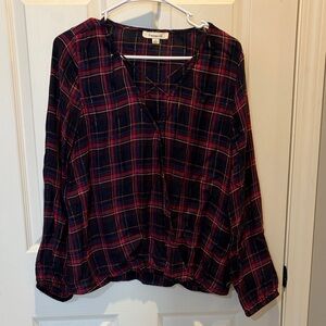 Francesca’s Plaid Blouse - Navy and Pink with gold accents